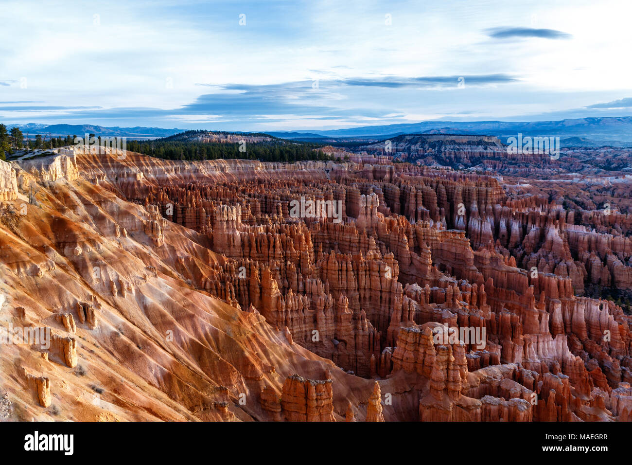 Panoramische Ansicht des Bryce Canyon National Park Der "Amphitheater" mit bunten Felsen und Hoodoos in den frühen Morgen. Stockfoto