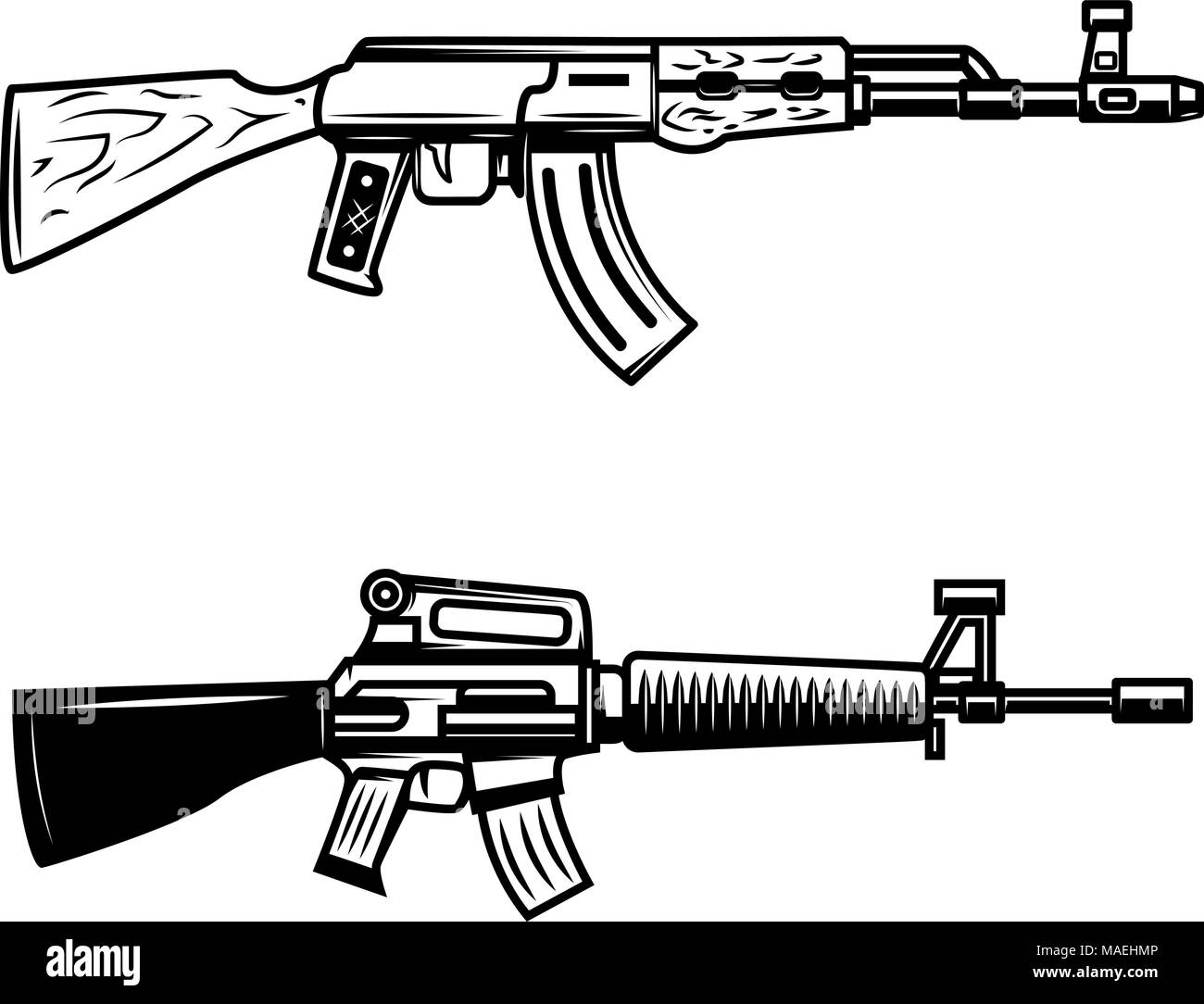 Kalaschnikow, m16 Sturmgewehr. Design Element für Wappen, Zeichen, Poster, T-Shirt. Vector Illustration Stock Vektor