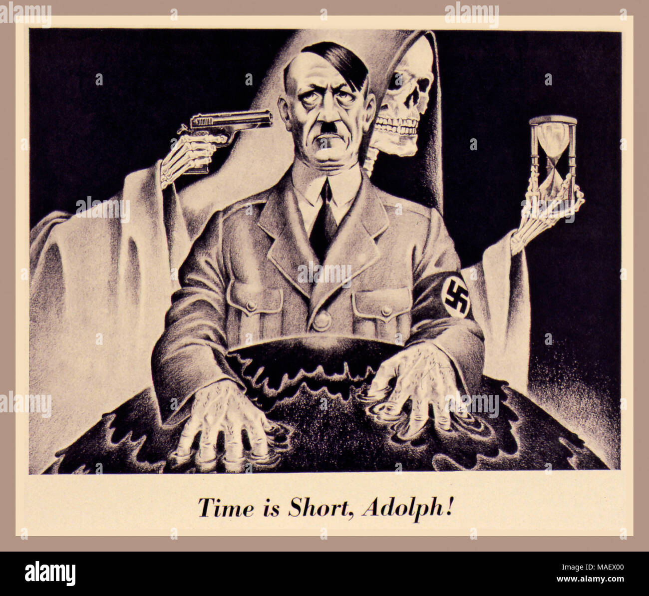 Jahrgang britische Alliierte Propaganda WW2 Propagandaplakat von Adolf Hitler mit dem Sensenmann warten...." Zeit ist kurz, Adolph!" ca. 1942-1943 Stockfoto