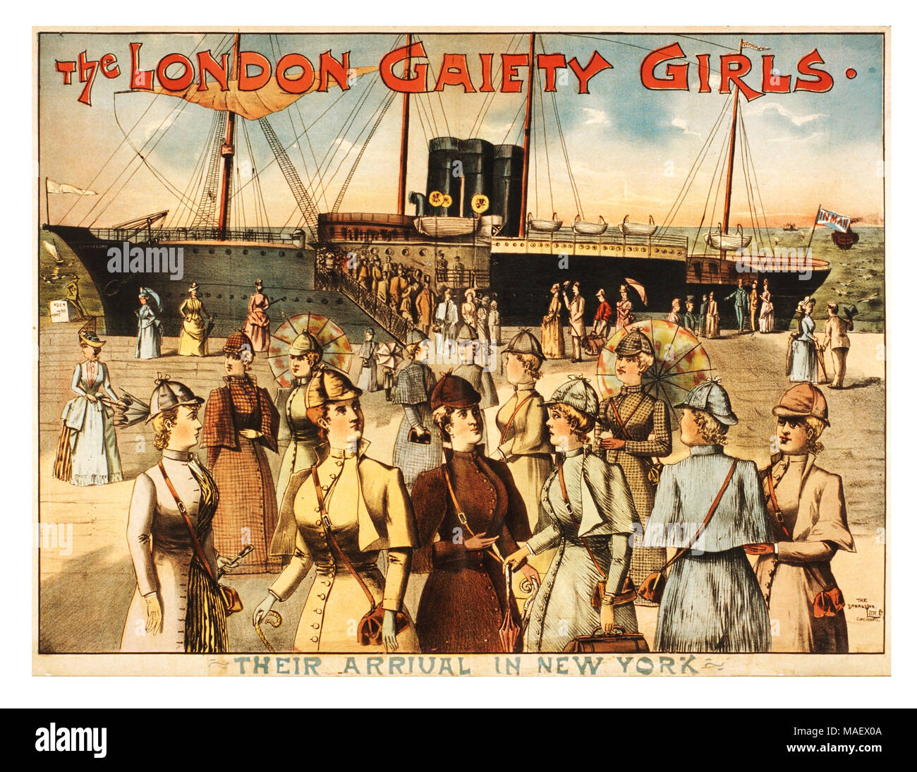 Jahrgang 1890 Theateraufführung Poster' der London Gaiety Mädchen' Ankunft in New York. Promotional Poster in Amerika Stockfoto
