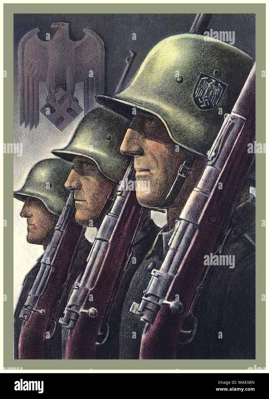 Vintage 1940er Nazi-Deutschland 2. Weltkrieg Propaganda Wehrmacht Armee Soldat Militär Rekrutierung Poster mit Adler und Swastika Emblem Stockfoto