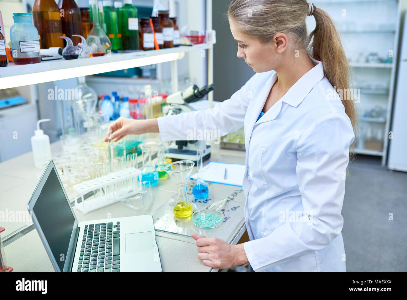 Ernsthafte weibliche Labor Mitarbeiter setzen Reagenzgläser im Rack Stockfoto