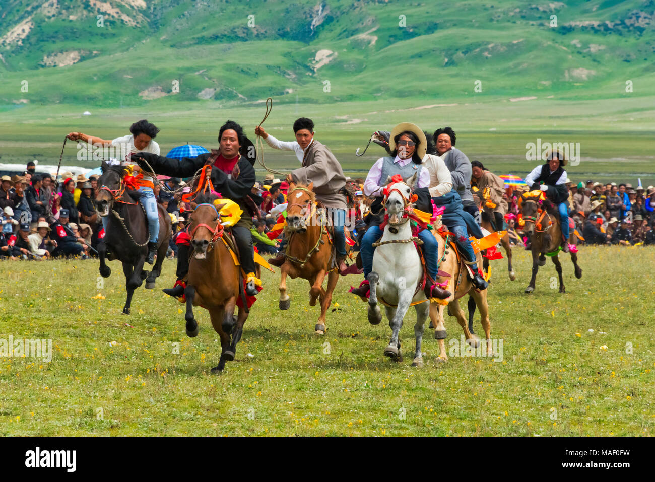 Das tibetische Volk Pferd Rennen bei Pferderennen Festival, Litang, westliches Sichuan, China Stockfoto