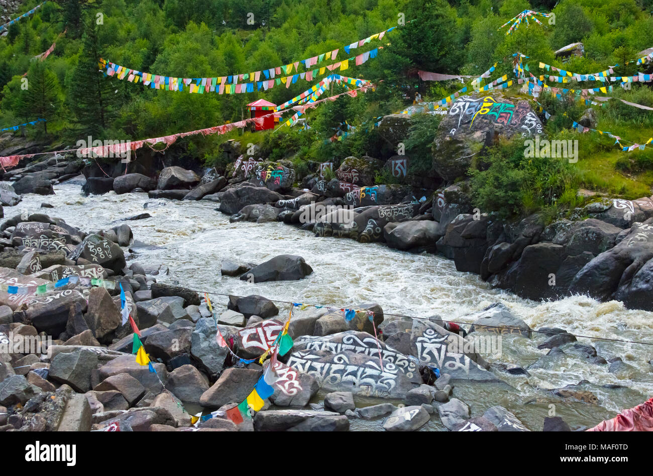 Buddhistische Worte auf Felsen gemalt und betet Fahnen durch den Fluss, Tagong, Western Sichuan, China Stockfoto