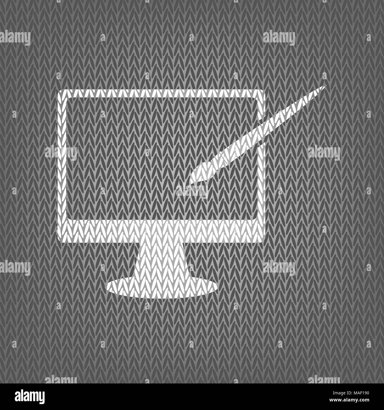 Monitor mit Bürste unterzeichnen. Vektor. Weiß gestrickte Symbol auf grauem Hintergrund gestrickt. Isoliert. Stock Vektor
