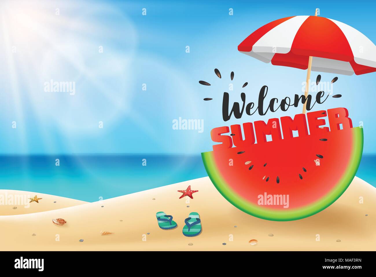 Willkommen Sommer Beschriftung auf Wassermelone geschnitten unter einem Schirm. Sommer Hintergrund mit kopieren. Vector Illustration Stock Vektor