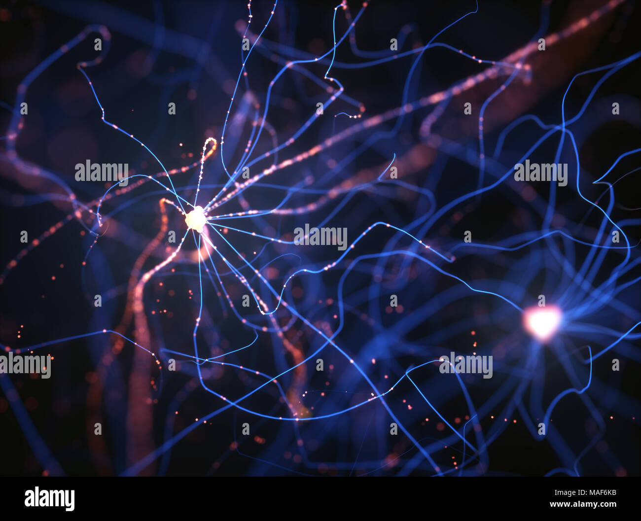 3D Darstellung der vernetzten Neuronen mit elektrischen Impulsen. Stockfoto