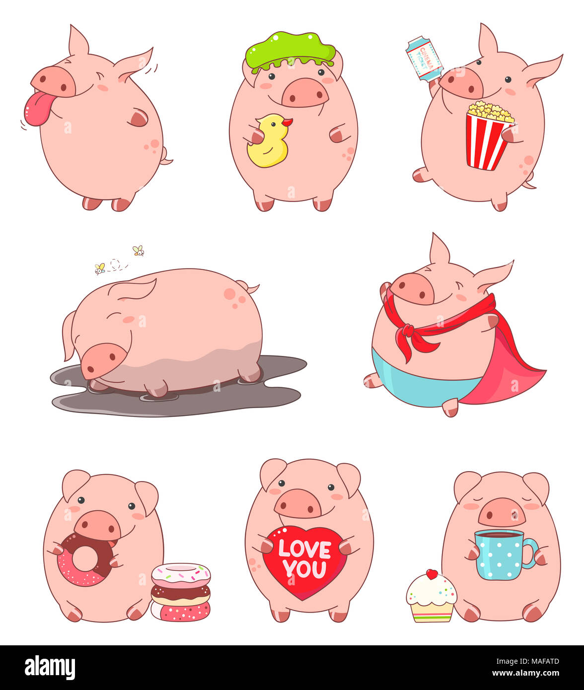 Satz Von Niedlichen Schweine In Kawaii Stil Qualt Zunge In Superheld Kostum Mit Popcorn Und Ticket Schlaft Im Schlamm Donut Isst Trinkt Kaffee Witz Stockfotografie Alamy