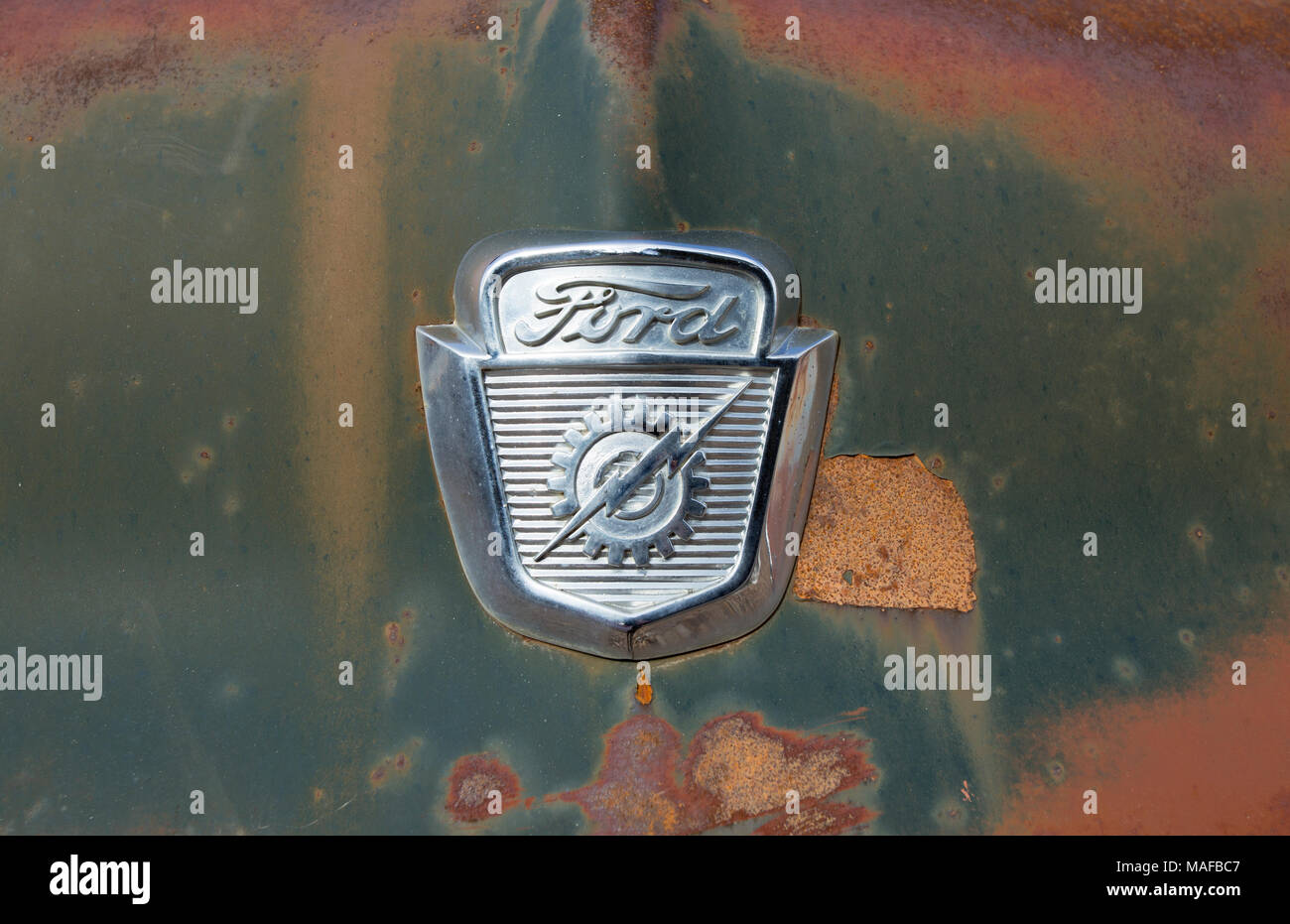 Ein verchromter Ford Lightning Bolt Shield Logo auf der Motorhaube eines alten, grün 1954 Ford F-500 Truck, in einem Steinbruch, östlich von Clark Gabel Idaho. Stockfoto