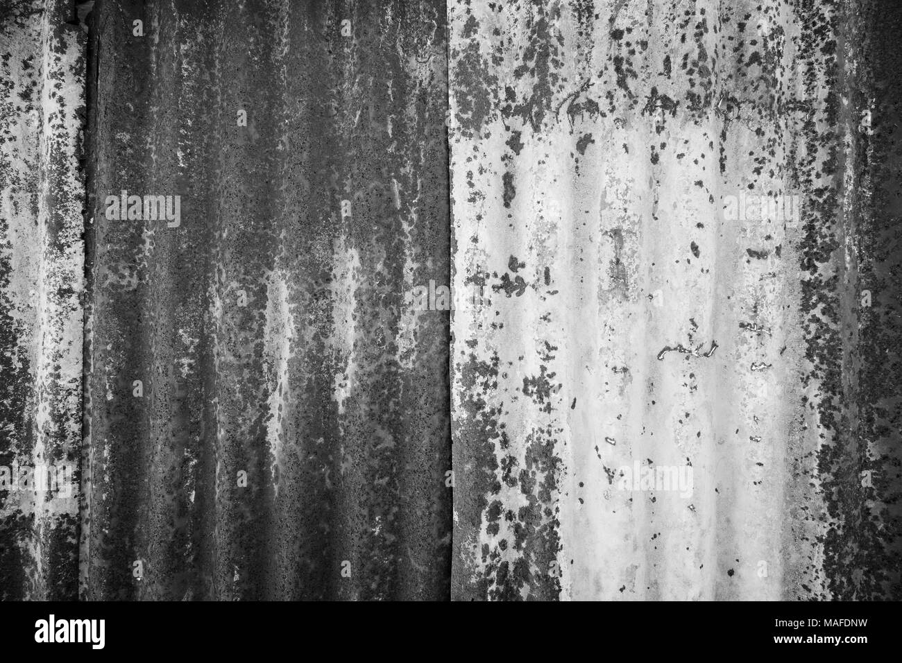 Nahaufnahme einer rostigen und Wellblech metall Baustelle wand Textur Hintergrund mit Vignette in Schwarz und Weiß. Stockfoto