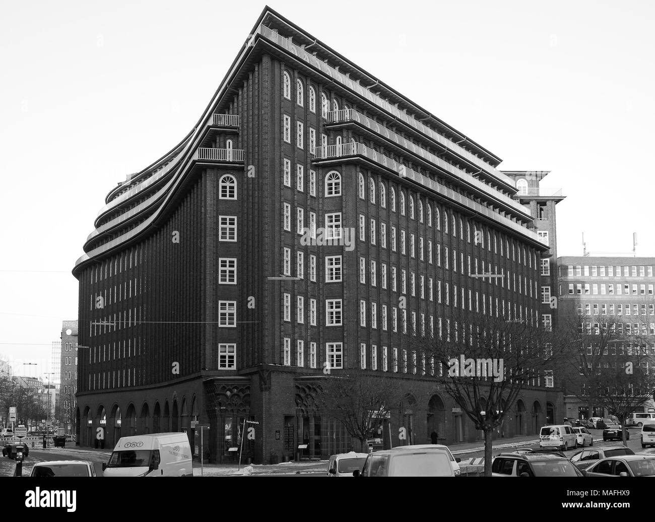 Im Chilehaus, ein 10-stöckiges Bürogebäude in Hamburg, Deutschland, ein außergewöhnliches Beispiel der 1920er Jahre Backsteinexpressionismus Stil der Architektur Stockfoto
