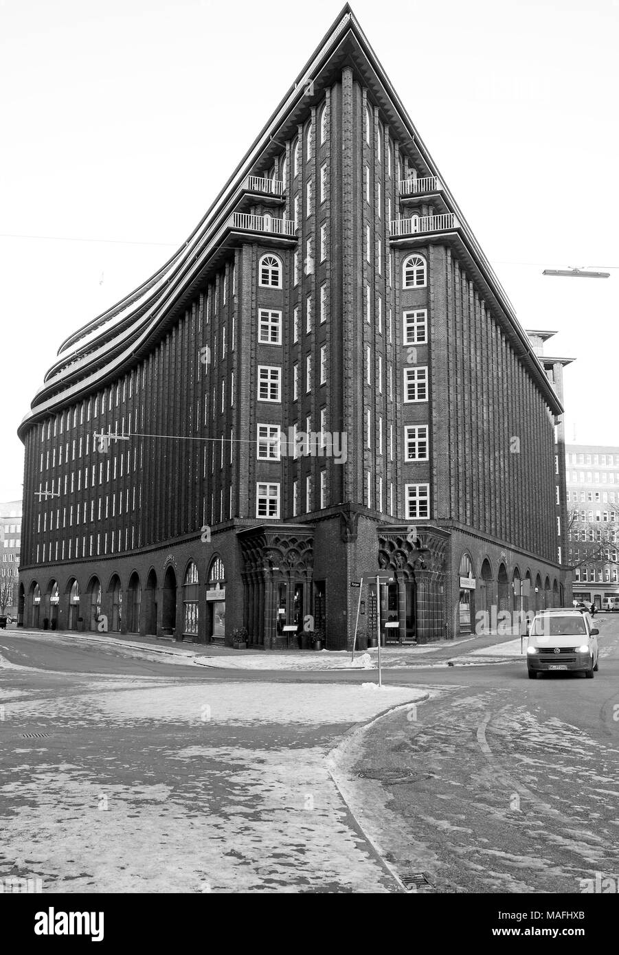 Im Chilehaus, ein 10-stöckiges Bürogebäude in Hamburg, Deutschland, ein außergewöhnliches Beispiel der 1920er Jahre Backsteinexpressionismus Stil der Architektur Stockfoto