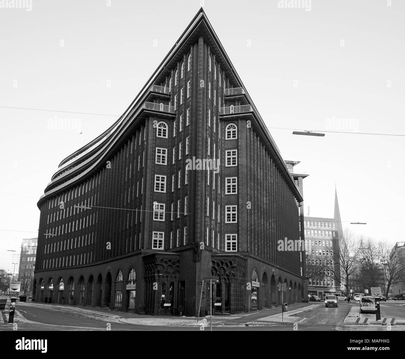 Im Chilehaus, ein 10-stöckiges Bürogebäude in Hamburg, Deutschland, ein außergewöhnliches Beispiel der 1920er Jahre Backsteinexpressionismus Stil der Architektur Stockfoto