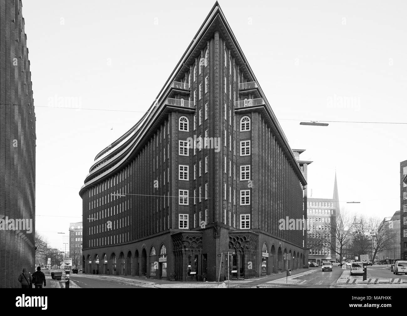 Im Chilehaus, ein 10-stöckiges Bürogebäude in Hamburg, Deutschland, ein außergewöhnliches Beispiel der 1920er Jahre Backsteinexpressionismus Stil der Architektur Stockfoto