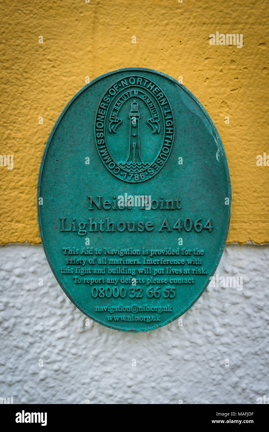 Plakette auf Neist Point Lighthouse in der Isle of Skye, Schottland. Stockfoto