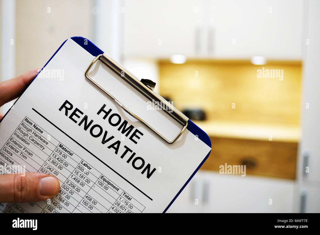 Zwischenablage mit Home Renovierung Kosten oder schätzen. Stockfoto