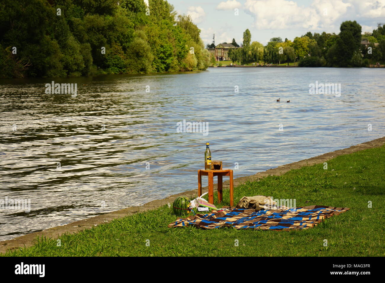Picknick am Flußufer, Main, Offenbach am Main, Deutschland, Stockfoto