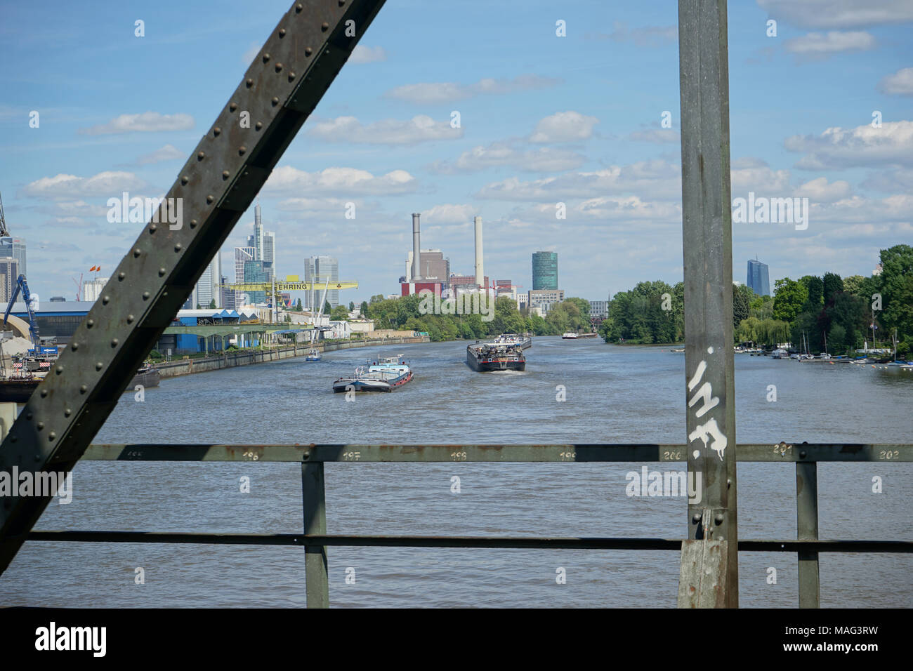 Main, von der "Alte Niederräder Brücke" eine Eisenbahnbrücke, Frankfurt, Deutschland, Stockfoto