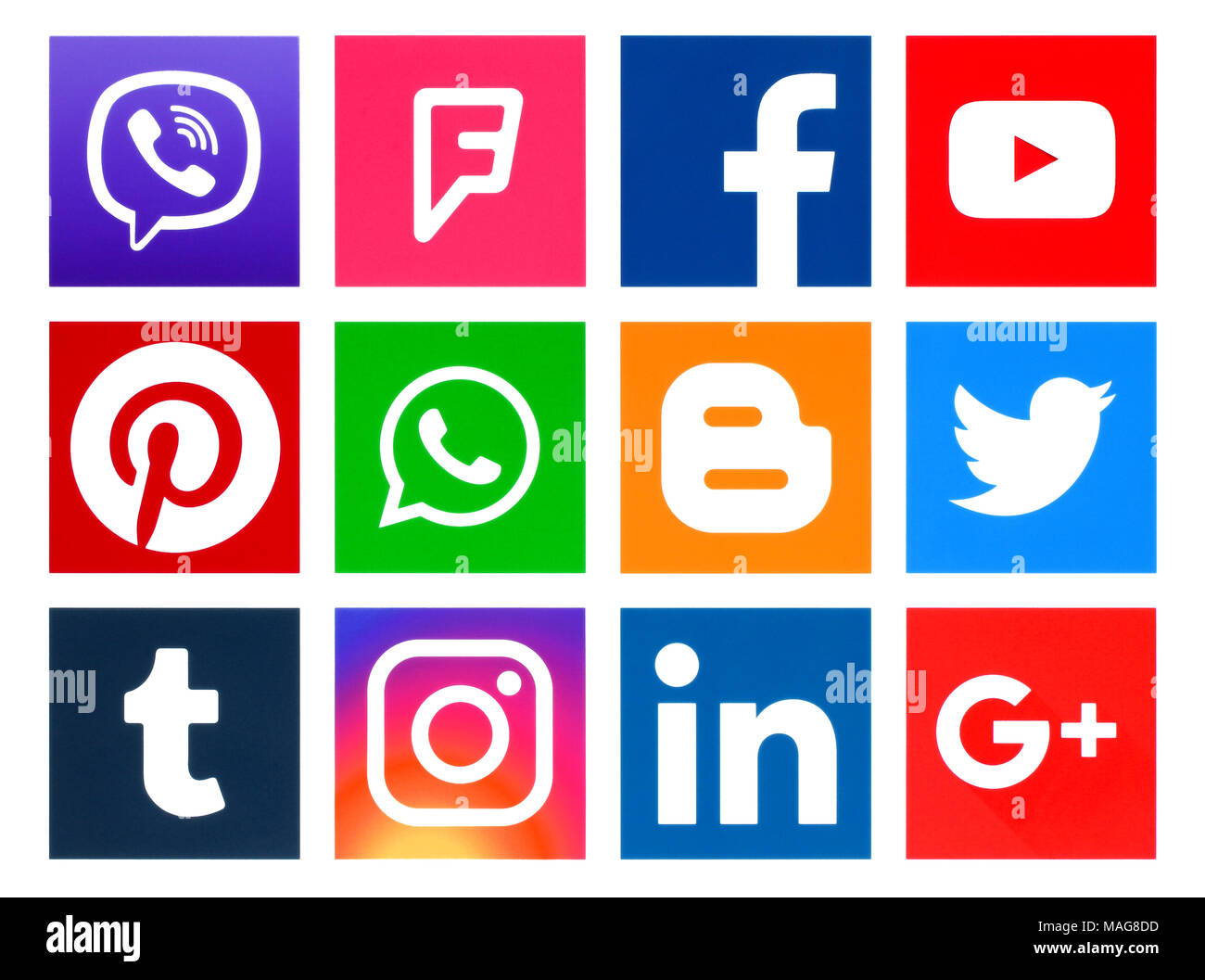 Kiew, Ukraine - 19. Februar 2018: Die beliebten Platz social media Logos auf Papier gedruckt: Facebook, Twitter, Instagram, Pöcking, LinkedIn, Viber, Tumbl Stockfoto