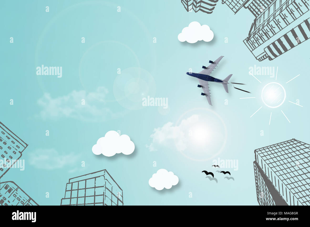 Skizze der Stadt Hochhäusern, mit Cloud Symbole und Flugzeug fliegen durch den Himmel Stockfoto