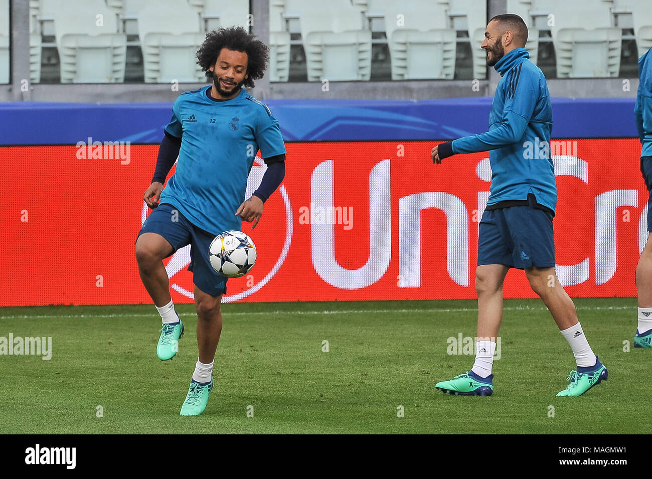 Turin, Italien, 2. April 2018. Marcelo (Real Madrid CF) während der Pressekonferenz vor dem UEFA Champions League zwischen Juventus Turin und Real Madrid CF bei der Allianz Stadion am 3. April 2018 in Turin, Italien. Quelle: FABIO UDINE/Alamy leben Nachrichten Stockfoto