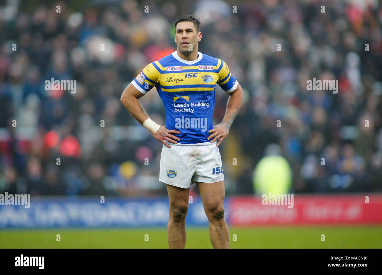 Leeds, UK, 2. April 2018. Emerald Headingley Stadium, Leeds, West Yorkshire, 2. April 2018. Betfred Super League Leeds Rhinos v Salford der Roten Teufel. Joel Mond von Leeds Rhinos Credit: Touchlinepics/Alamy leben Nachrichten Stockfoto