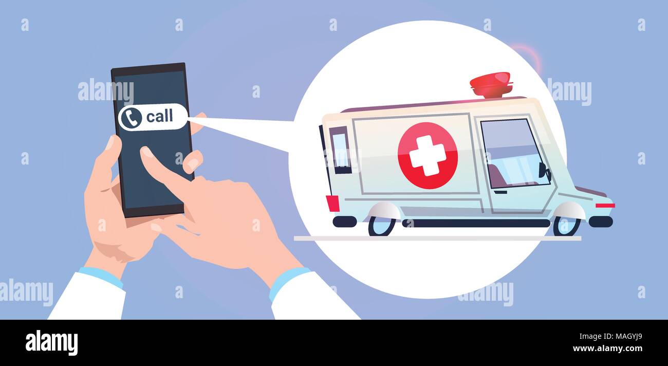 Hand halten, Smart Phone Calling im Notfall Service mit Krankenwagen Auto im Chat Bubble Stock Vektor