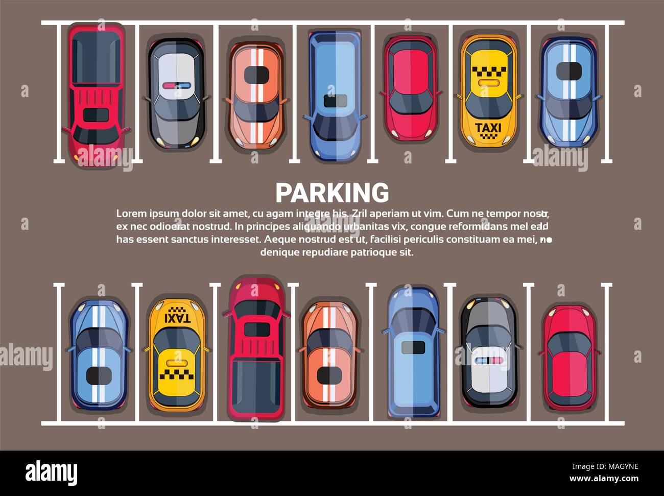 Parkplatz Ansicht von oben mit der bunte Autos, Park Zone Hintergrund Stock Vektor
