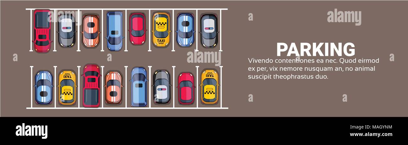 Parkplatz Ansicht von oben mit der bunte Autos, Park Zone horizontale Banner mit Platz kopieren Stock Vektor