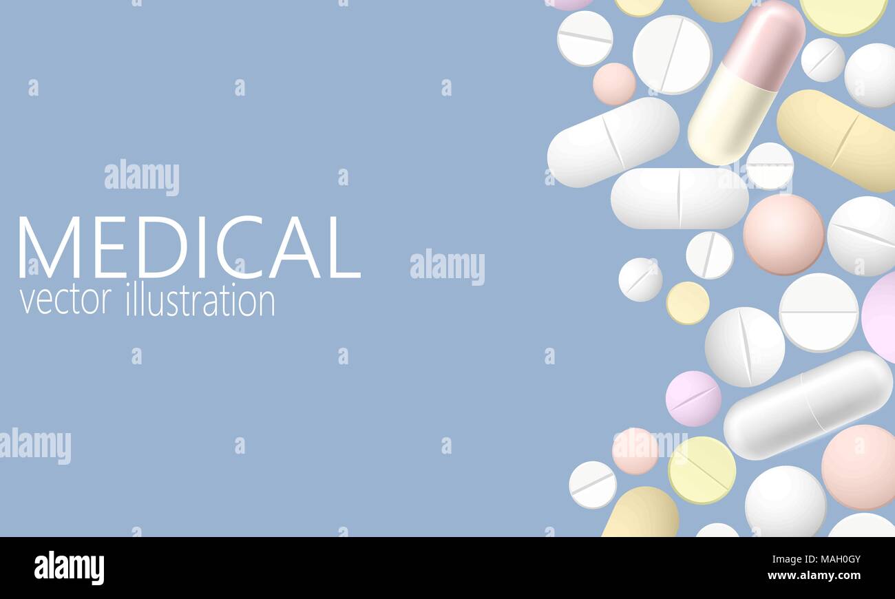 Pille und Tabletten, Medizin auf blauem Hintergrund isoliert. Haufen von realistischen 3D-Arzneimittel, Kapseln, Droge. Healthcare Medical Center Werbe Poster Vector Illustration. Stock Vektor