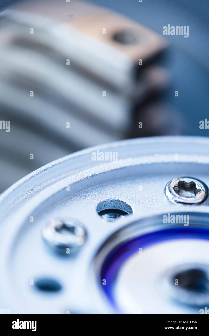 Closeup innerhalb der Festplatte, lesen Kopf schreiben. Stockfoto