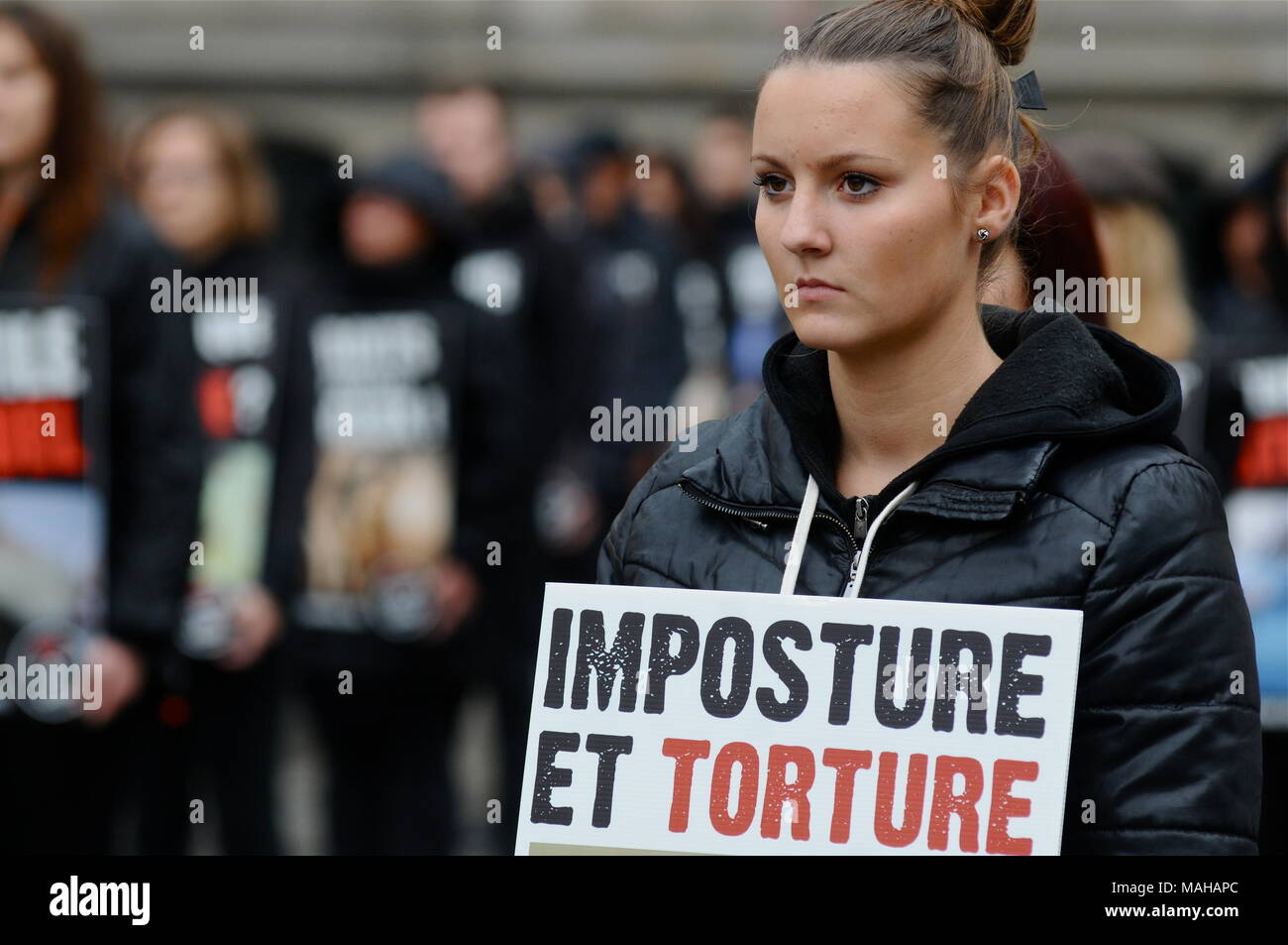 Tiere, die Verteidiger der Menschenrechte Protest die Vivisektion in pharmazeutischen Labors, Lyon, Frankreich Stockfoto