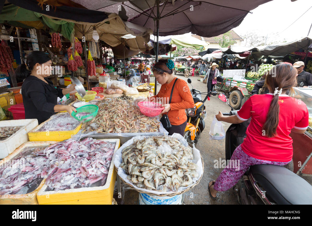 Lokale kambodschanische Volk Einkaufen für Essen zu einem Fisch und Meeresfrüchte in der Stadt Marktstand, Chhlong Stadt, Provinz Kratie, Kambodscha Südostasien Stockfoto