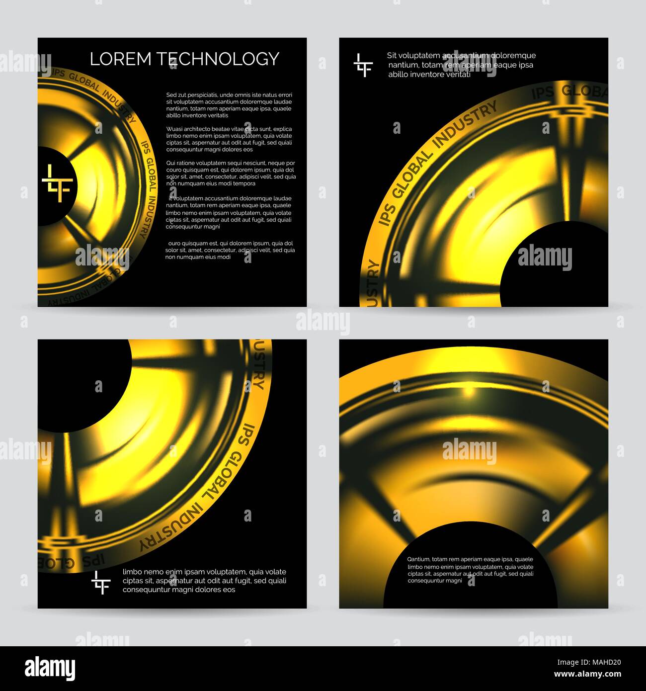 Industrielle Broschüre Vorlage mit goldenen Metallscheibe auf schwarzem Hintergrund. Vector Illustration. Stock Vektor