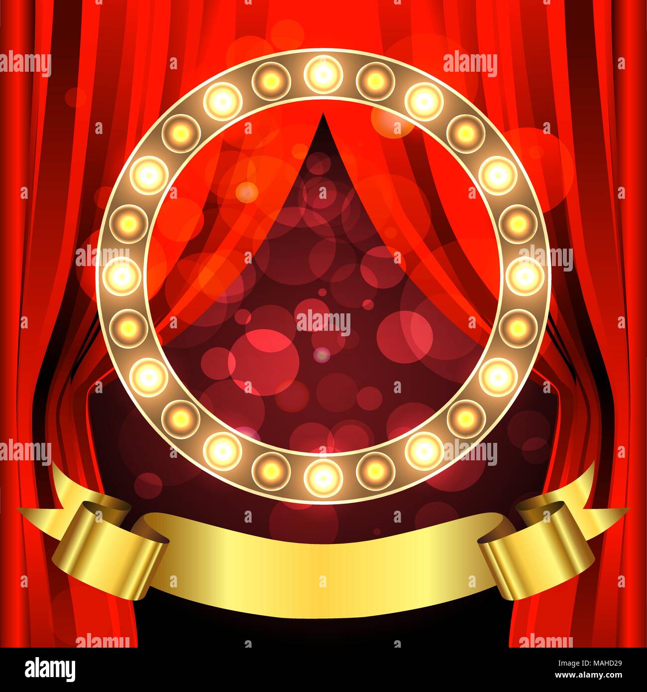 Bühne mit roten Vorhang, goldene Schleife und Glühlampen. Vector Illustration. Stock Vektor
