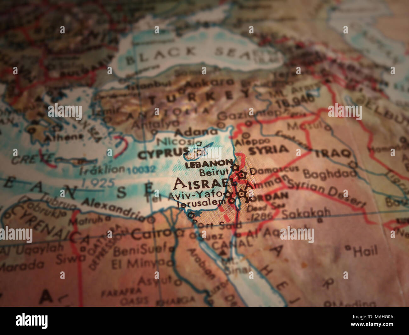 Naher Osten Karte. Israel im Fokus Stockfoto