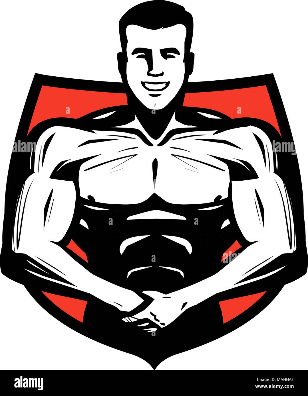 Fitnessraum, Sport Logo oder Label. Bodybuilder Muskeln Vector Illustration Stock Vektor