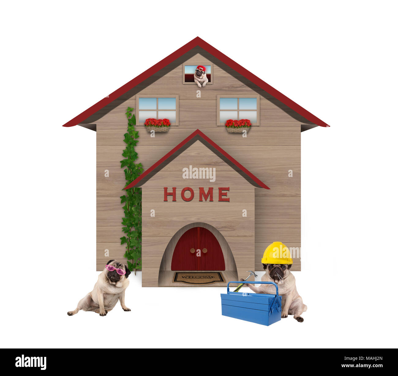 Cute durchschnittliche Arbeiterklasse mops Hund Familie, Sie sitzen vor Ihrem renovierten Haus, auf weißem Hintergrund Stockfoto