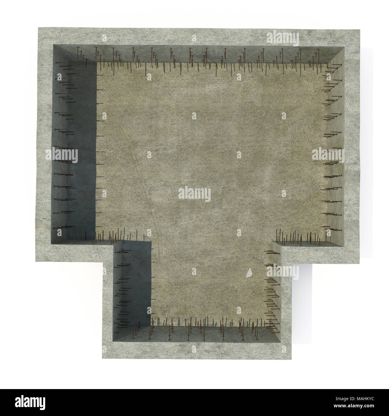 Stiftung Bau Haus auf Weiß. Ansicht von oben. 3D-Illustration, Freistellungspfad Stockfoto