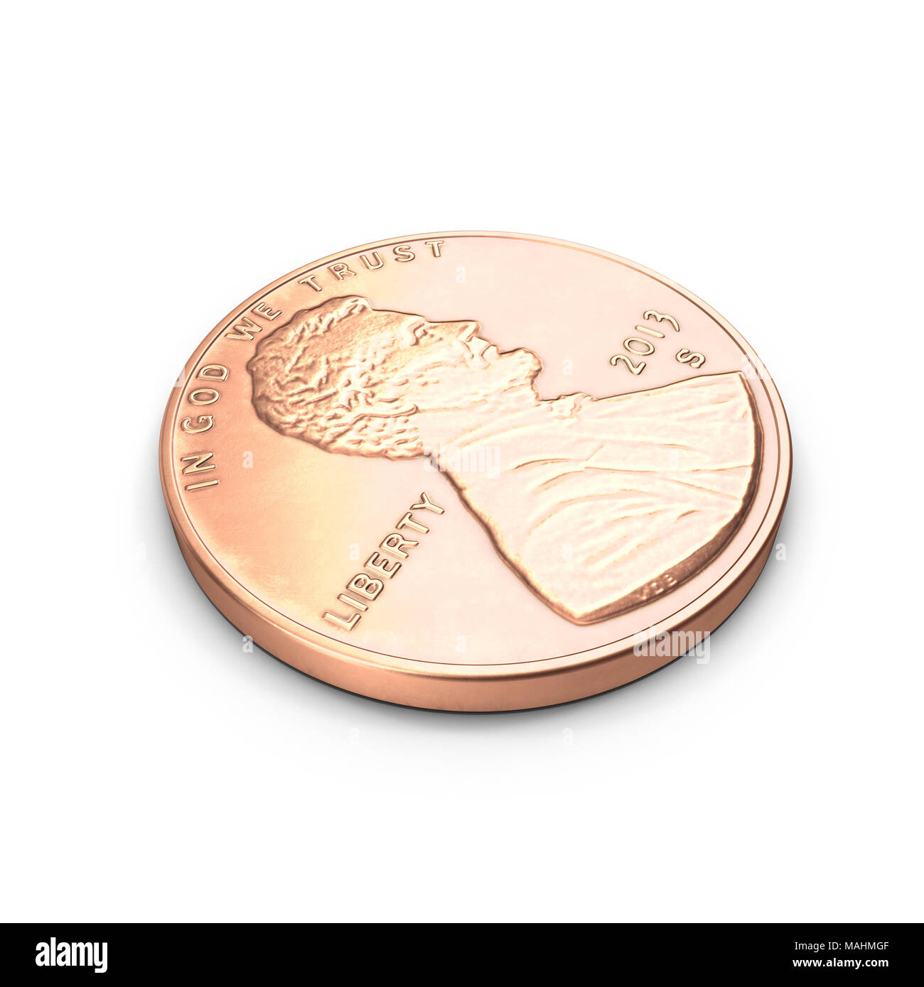 United States Lincoln Cent isoliert über Weiß. 3D-Illustration, Freistellungspfad Stockfoto