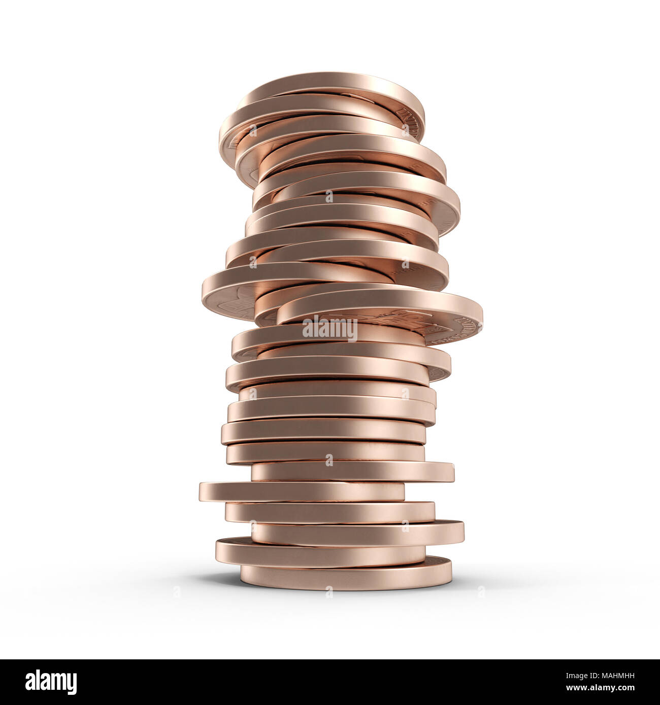 Stapel der alten Pennies isoliert auf einem weißen. 3D-Illustration, Freistellungspfad Stockfoto