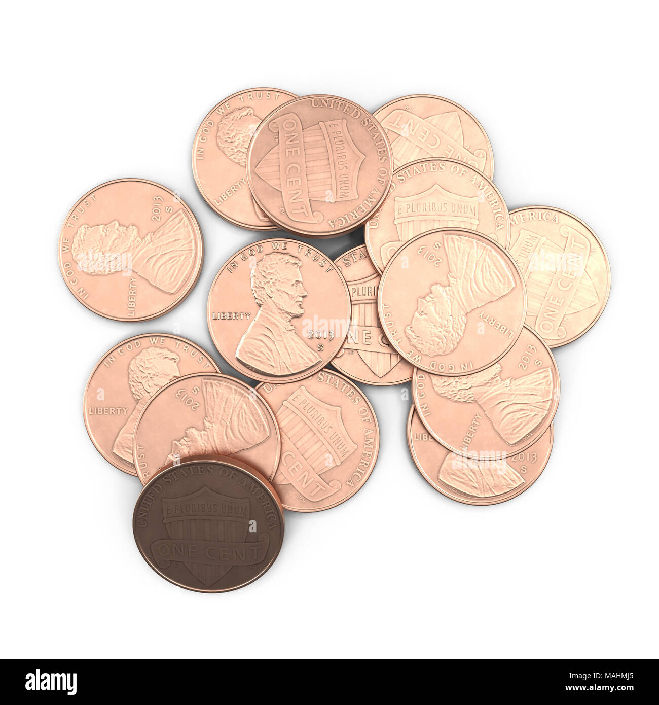 Dollar Münzen 1 Cent der Währung der Vereinigten Staaten isoliert über Weiß. 3D-Illustration, Freistellungspfad Stockfoto