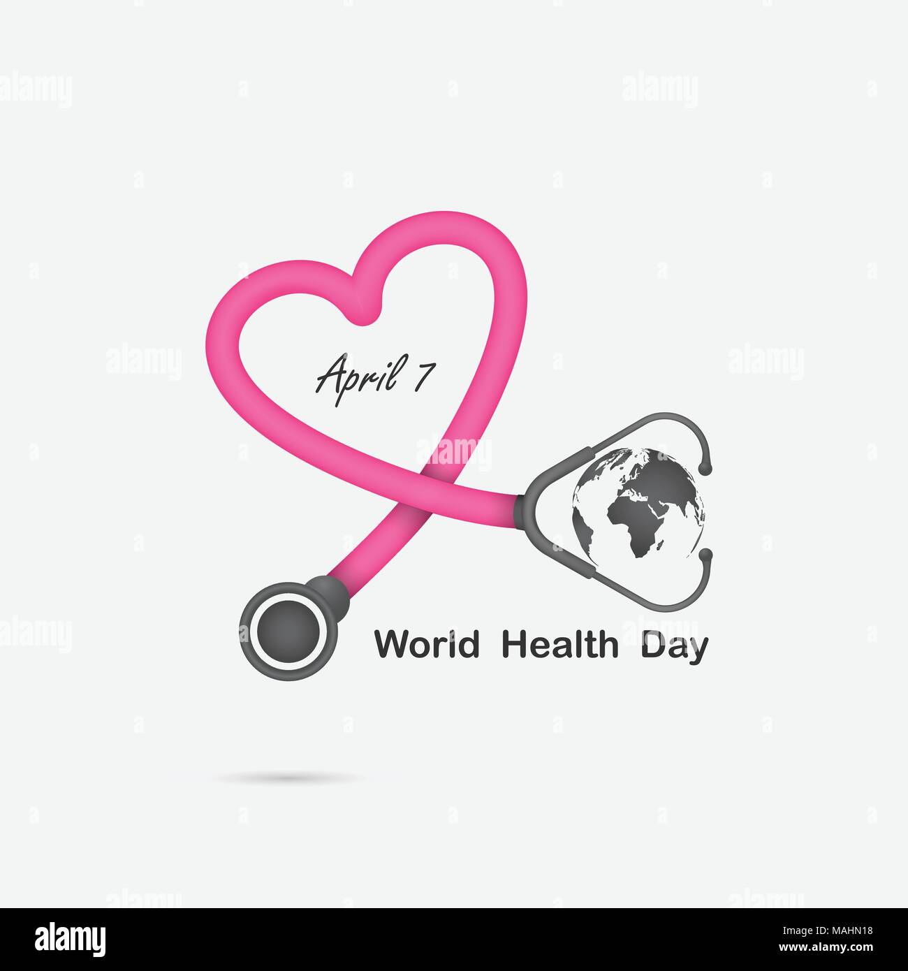 Globus Zeichen und Stethoskop Vektor-Logo Design-Vorlage. Welt-Gesundheitstag-Symbol. World Health Day Idee Kampagnenkonzept für Grußkarten und Poster. Vecto Stock Vektor