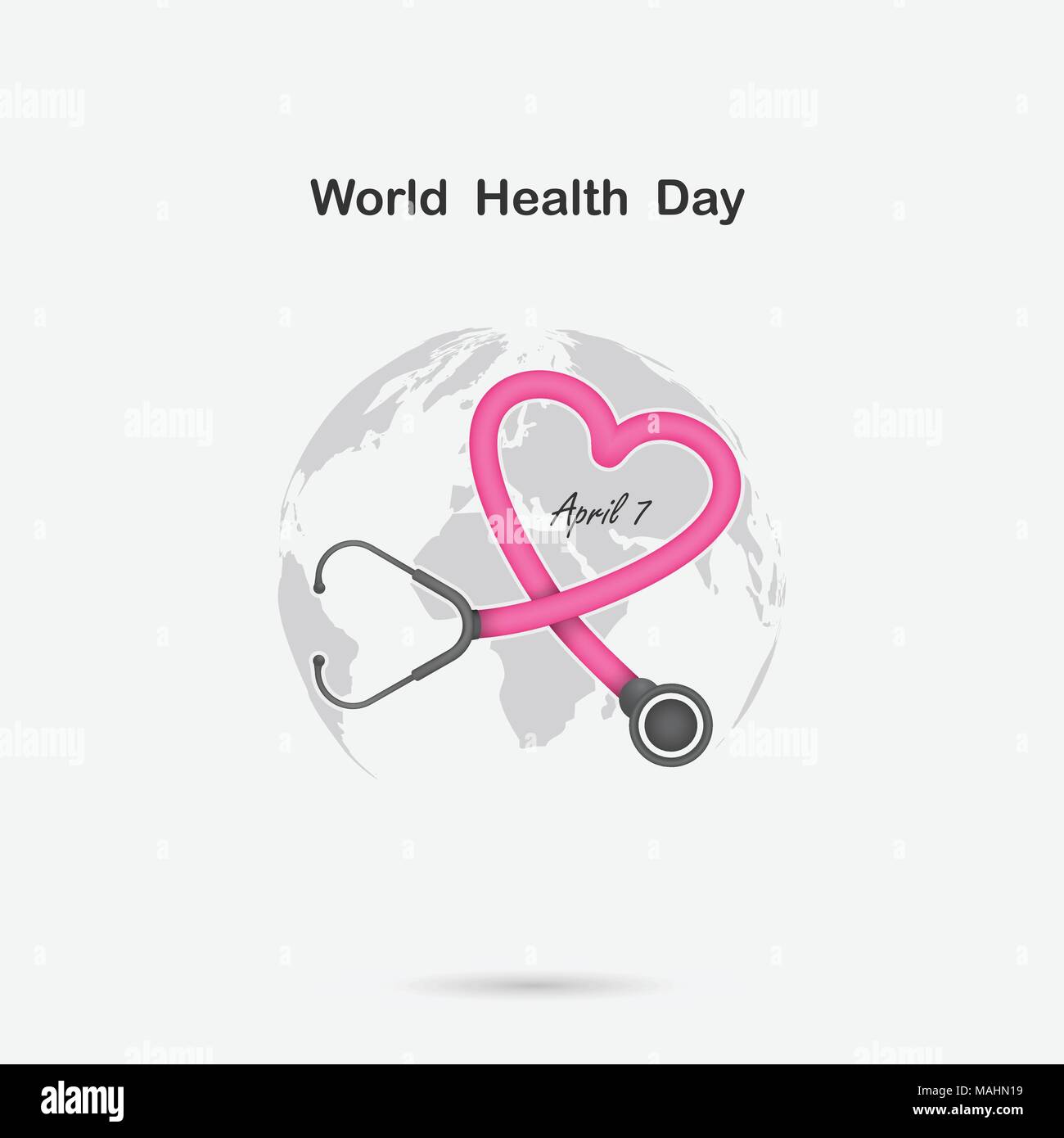 Globus Zeichen und Stethoskop Vektor-Logo Design-Vorlage. Welt-Gesundheitstag-Symbol. World Health Day Idee Kampagnenkonzept für Grußkarten und Poster. Vecto Stock Vektor