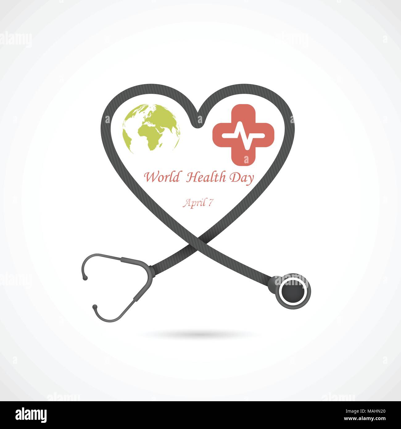 Globus Zeichen und Stethoskop Vektor-Logo Design-Vorlage. Welt-Gesundheitstag-Symbol. World Health Day Idee Kampagnenkonzept für Grußkarten und Poster. Vecto Stock Vektor