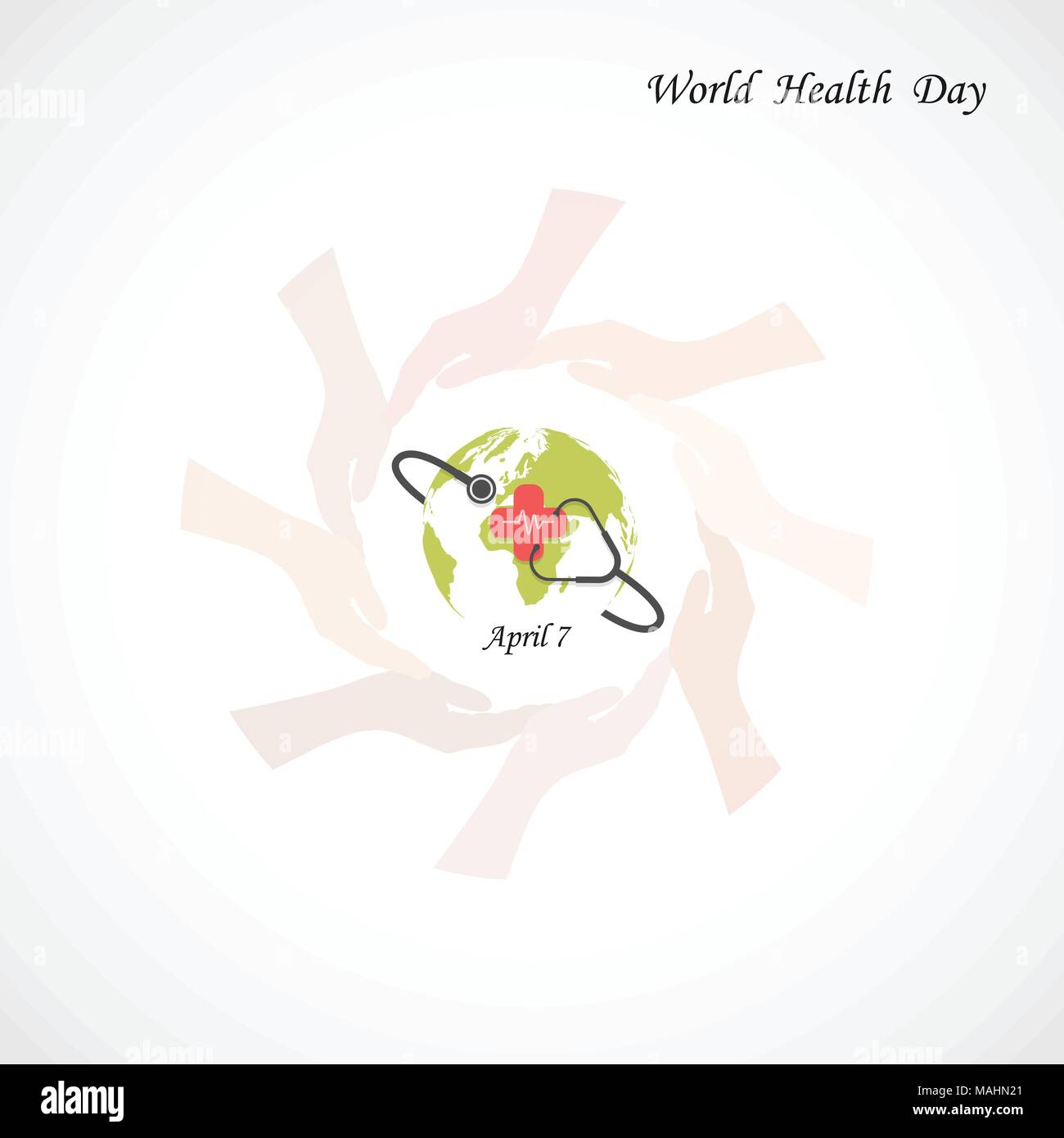 Globus-Zeichen, menschliche Hand und Stethoskop-Vektor-Logo-Design-Vorlage. Welt-Gesundheitstag-Symbol. Welt-Gesundheitstag Idee Kampagnenkonzept für Grußkarte und p Stock Vektor