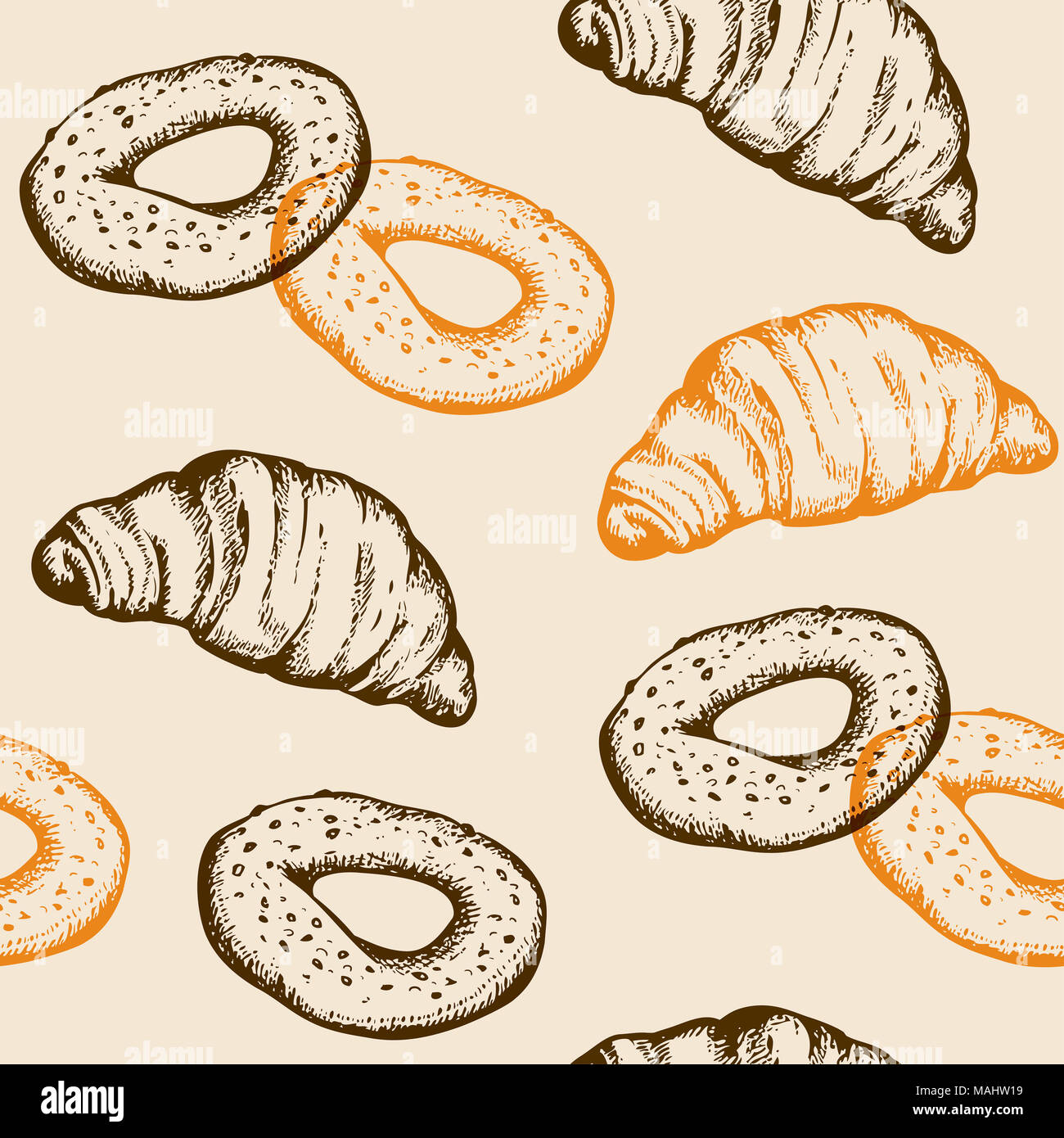 Hand nahtlose Muster mit frischen Bäckerei Produkte im Vintage Stil gezeichnet. Hintergrund mit Croissant und Bagel Stockfoto