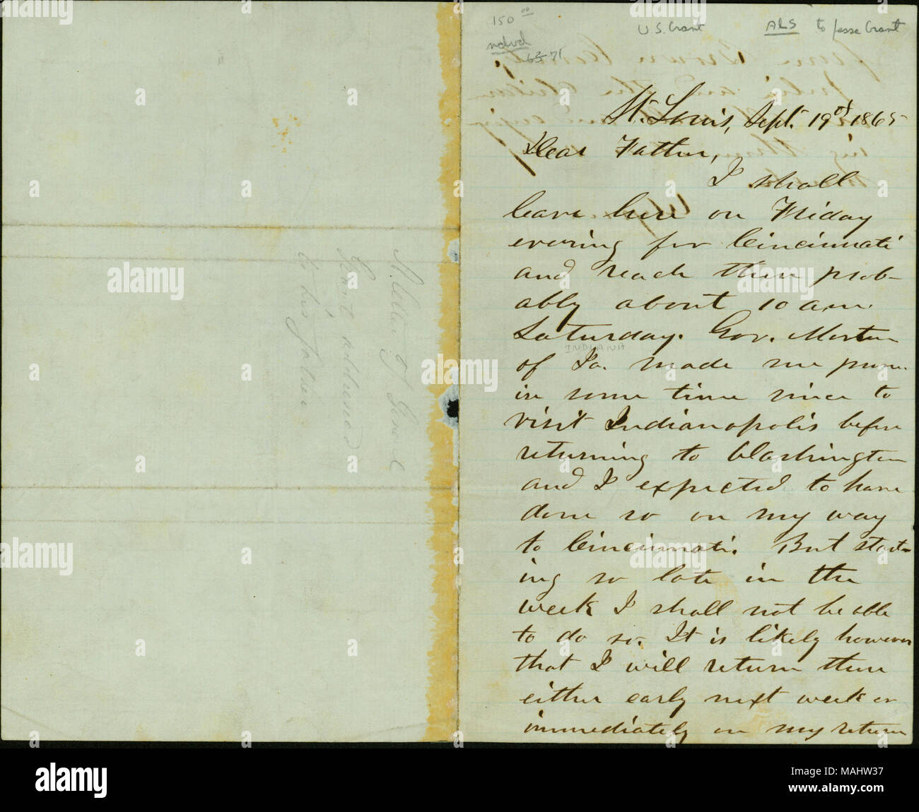 Erklärt, dass er Freitag für Cincinnati verlassen. Reg. Morton von Indiana machte ihn versprechen Indianapolis vor der Rückkehr nach Washington zu besuchen, aber so ab Ende wird er nicht in der Lage sein. Julia und die Kinder sind gut. Titel: Brief unterzeichnet Ulysses [U.S. Grant], St. Louis, dem Vater [Jesse Root], September 19, 1865. 19. September 1865. Grant, Ulysses S. (Ulysses Simpson), 1822-1885 Stockfoto