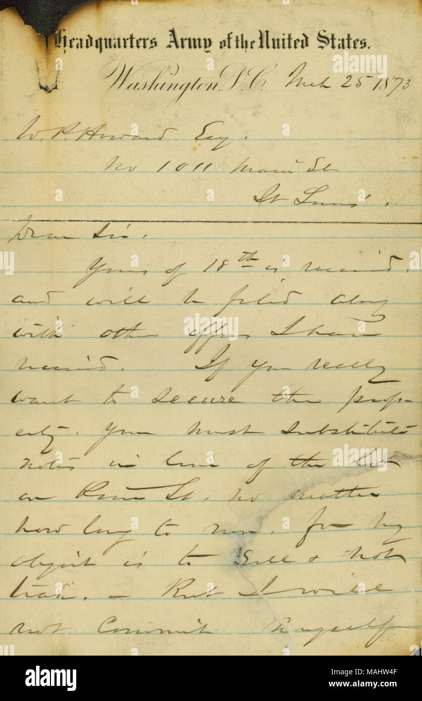 In Bezug auf den Verkauf von Immobilien in St. Louis. Titel: Brief unterzeichnet W.T. Sherman, Washington, D.C., W.P. Howard, St. Louis, 25. März 1873. 25. März 1873. Sherman, William T. (William Tecumseh), 1820-1891 Stockfoto