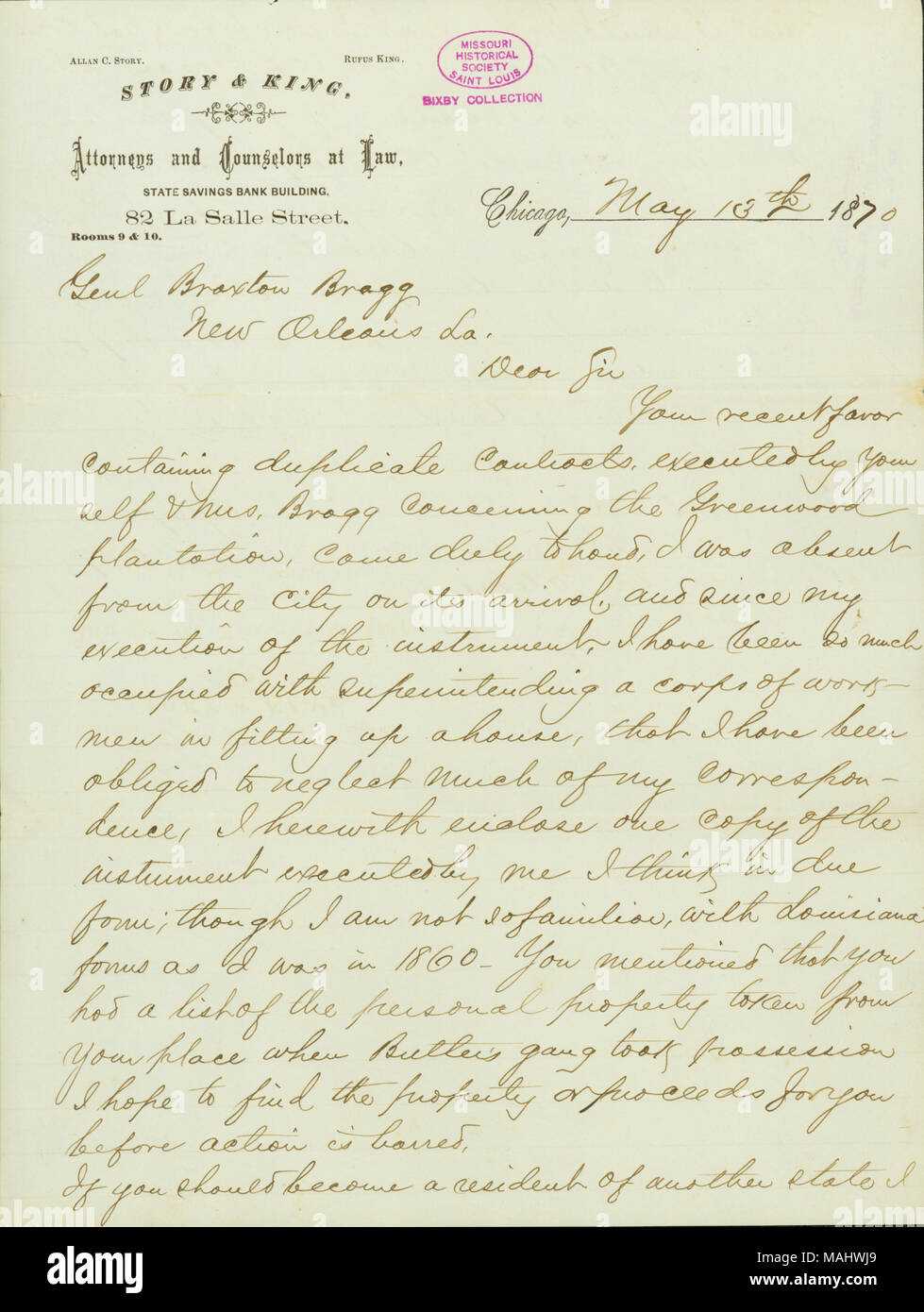 Bezüglich Bragg's Fall Besitz von Greenwood Plantage zu erlangen. Titel: Brief unterzeichnet A.C. Story, Chicago, Illinois, zu Braxton Bragg, New Orleans, 13. Mai 1870. 13. Mai 1870. Geschichte, A. C. Stockfoto